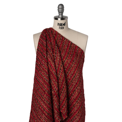 Metallic Polyester Tweed with Eyelash Fringe - Ruby Red and Burnt Orange Stripes