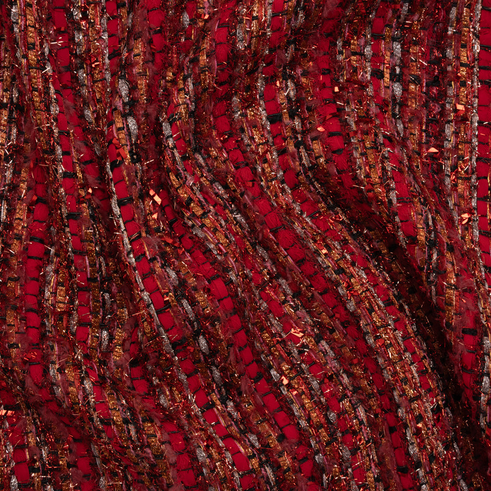 Metallic Polyester Tweed with Eyelash Fringe - Ruby Red and Burnt Orange Stripes
