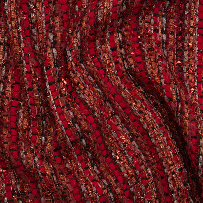 Metallic Polyester Tweed with Eyelash Fringe - Ruby Red and Burnt Orange Stripes