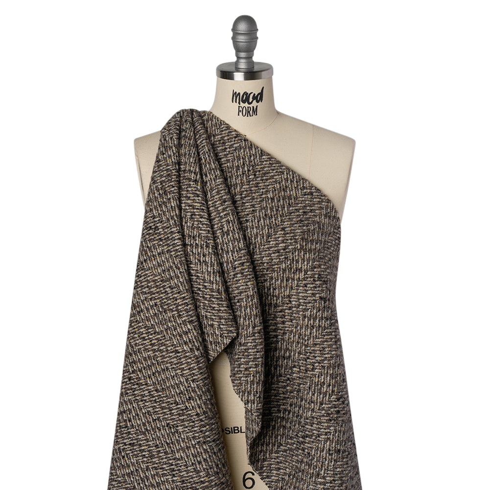 Polyester and Wool Blend Tweed - Tan, Beige and Black Herringbone Drape
