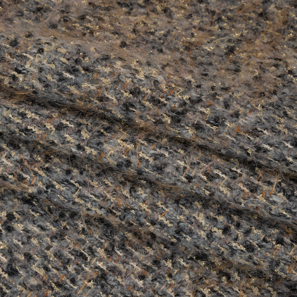 Fuzzy Polyester and Wool Blend Woven Metallic Tweed - Tan, Gray and Gold Folded