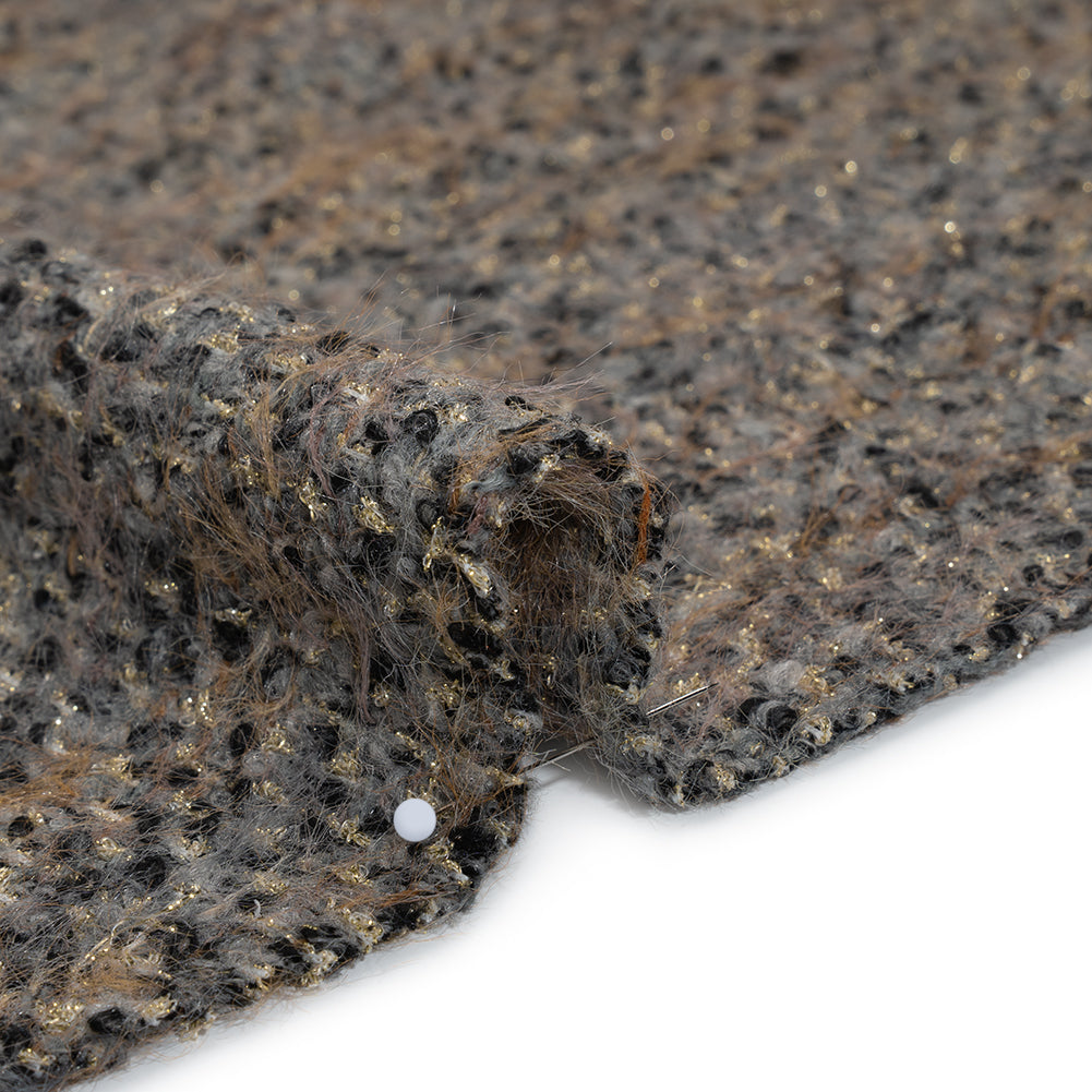 Fuzzy Polyester and Wool Blend Woven Metallic Tweed - Tan, Gray and Gold Detail