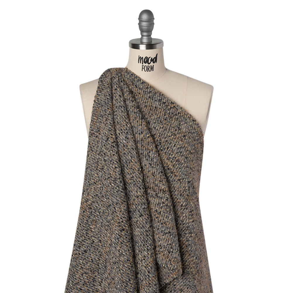 Fuzzy Polyester and Wool Blend Woven Metallic Tweed - Tan, Gray and Gold Drape