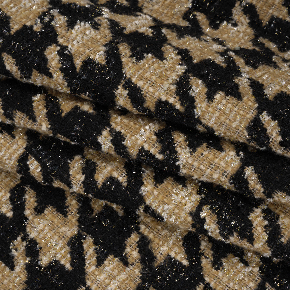Metallic Polyester and Wool Blend Tweed - Beige and Black Houndstooth Folded