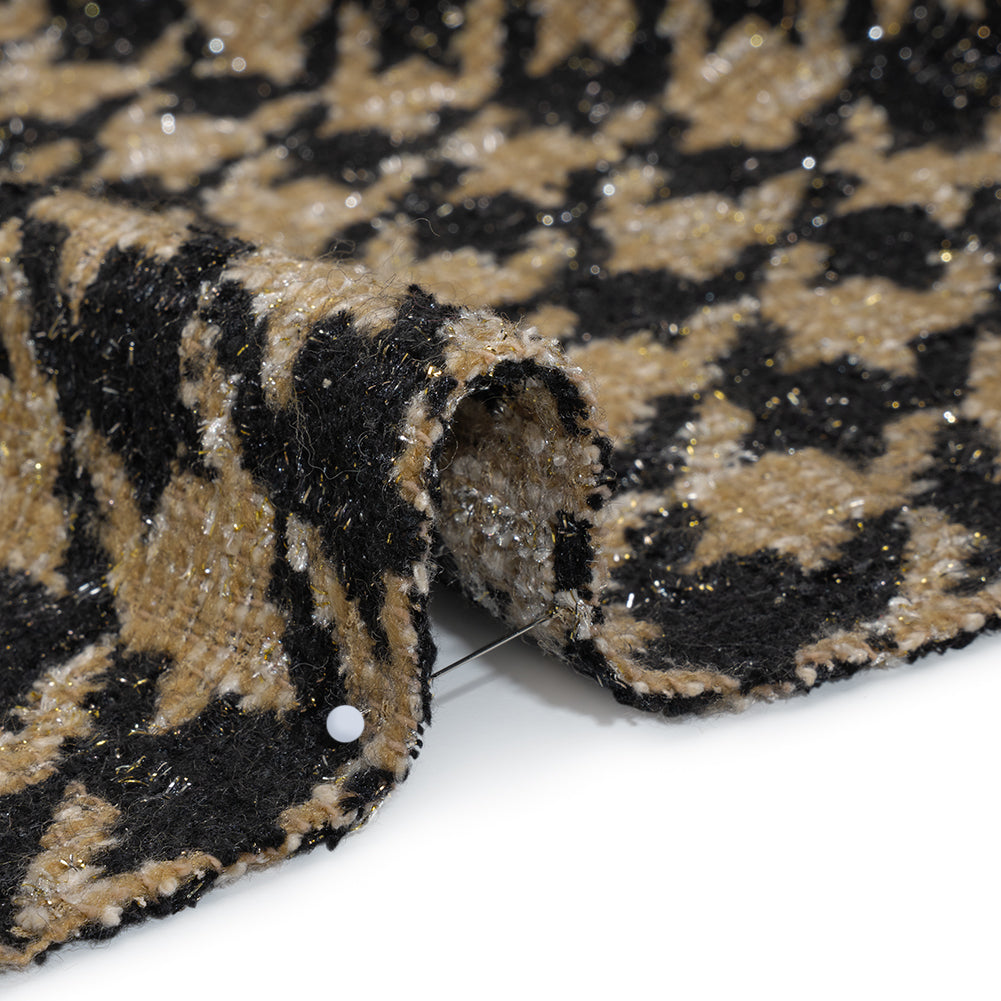 Metallic Polyester and Wool Blend Tweed - Beige and Black Houndstooth Detail
