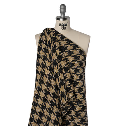 Metallic Polyester and Wool Blend Tweed - Beige and Black Houndstooth Drape
