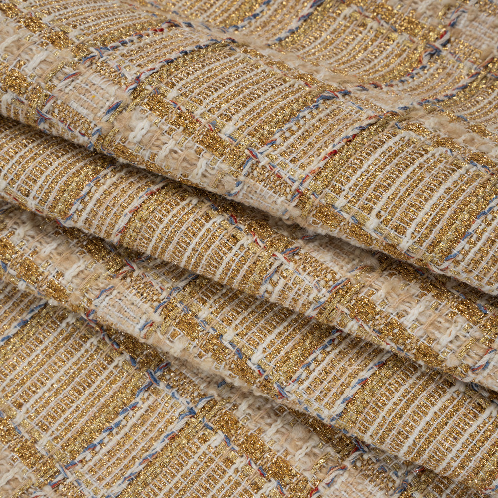 Metallic Polyester and Wool Tweed - Gold, Beige and Light Blue Subtle Plaid Folded