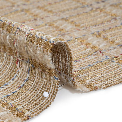 Metallic Polyester and Wool Tweed - Gold, Beige and Light Blue Subtle Plaid Detail