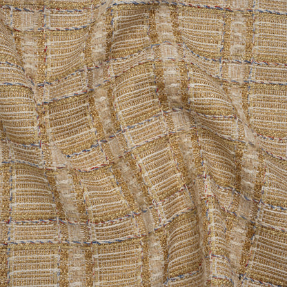 Metallic Polyester and Wool Tweed - Gold, Beige and Light Blue Subtle Plaid