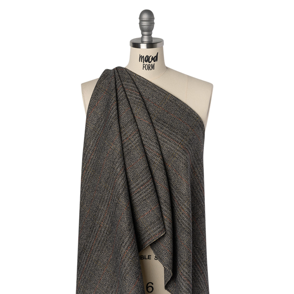 Wool Blend Twill Tweed - Black, Gray and Red Subtle Stripes Drape