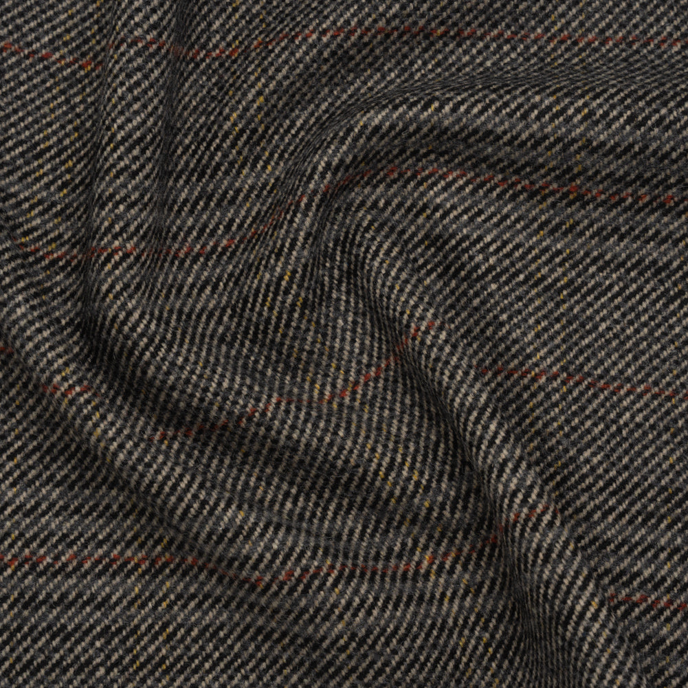 Wool Blend Twill Tweed - Black, Gray and Red Subtle Stripes