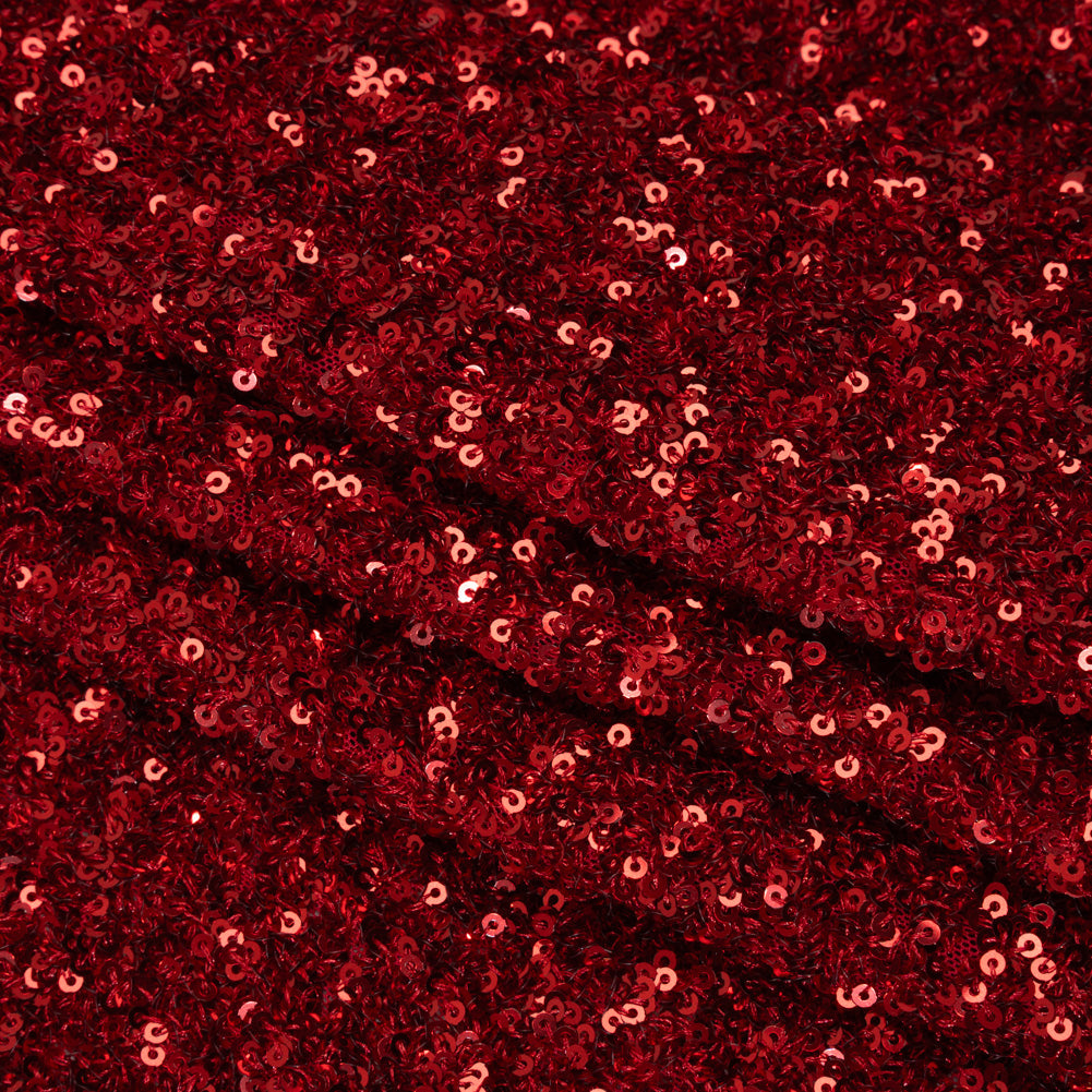 Recycled Polyester All-Over Circular Baby Sequins on Stretch Mesh - Red - Divine Collection - Folded