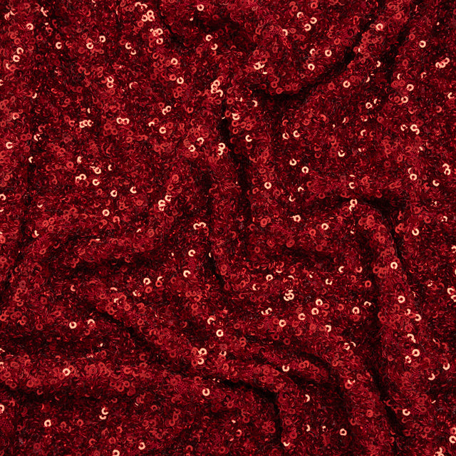 Recycled Polyester All-Over Circular Baby Sequins on Stretch Mesh - Red - Divine Collection
