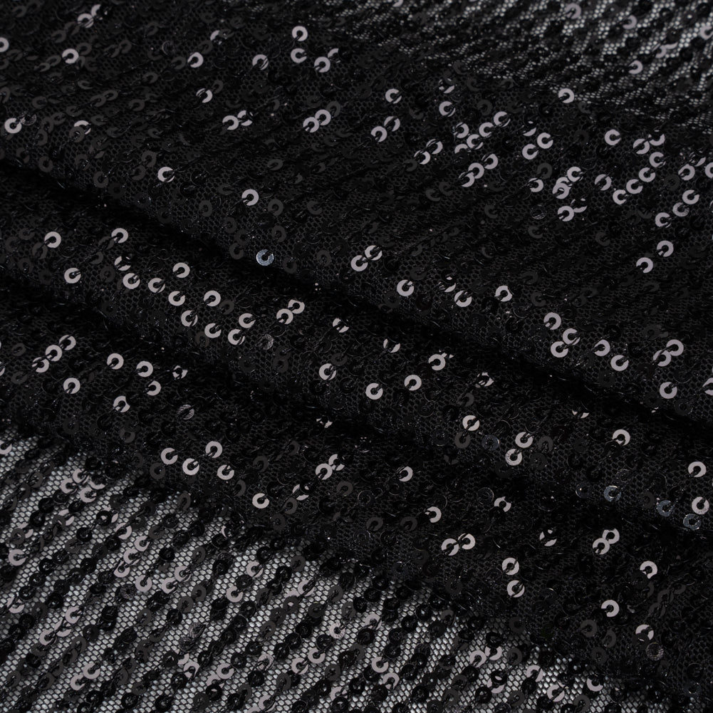 Recycled Polyester Circle Sequin Stripes on Stretch Mesh - Black - Transcendent Collection - Folded