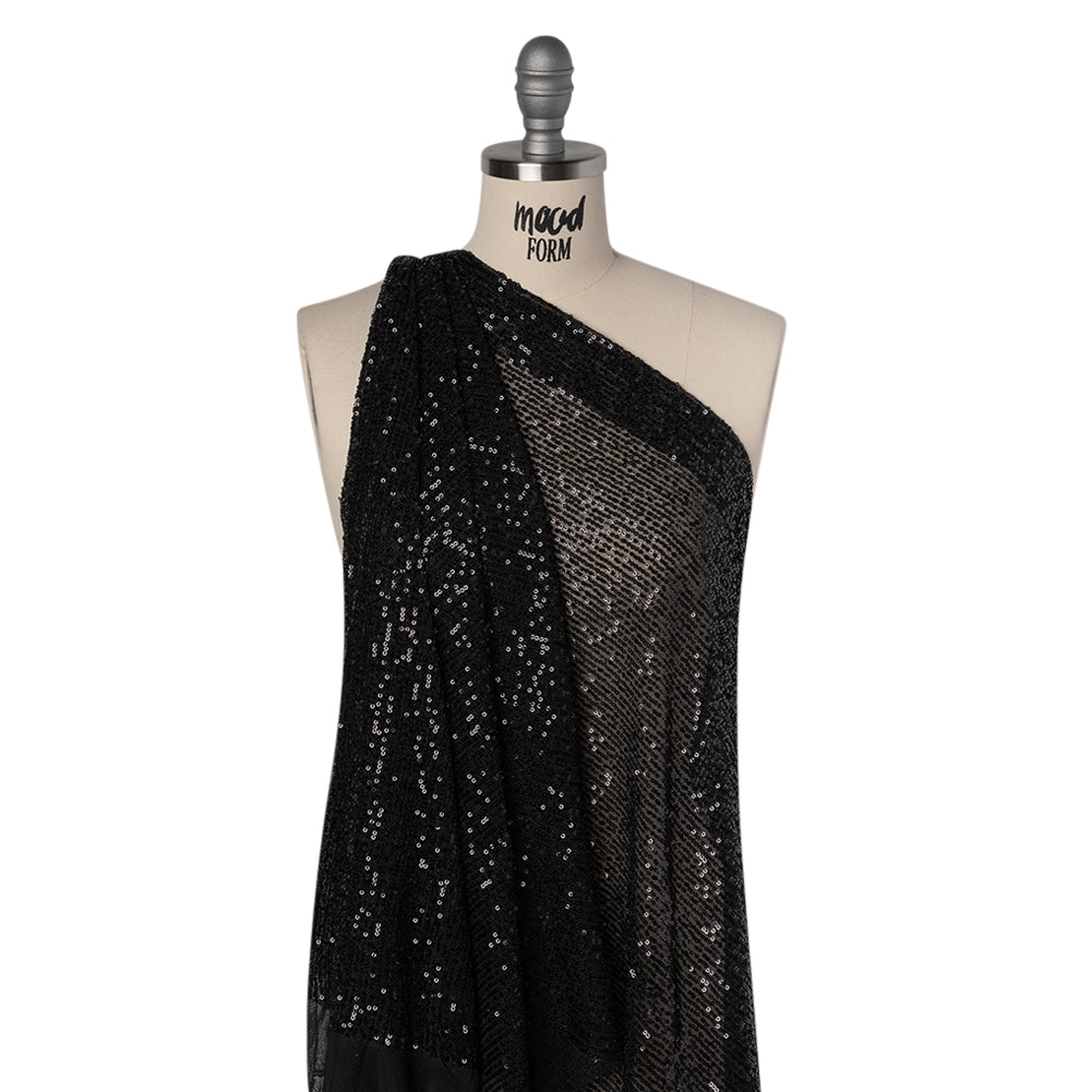 Recycled Polyester Circle Sequin Stripes on Stretch Mesh - Black - Transcendent Collection - Drape
