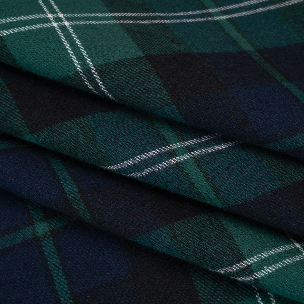 Yarn-Dyed Cotton Twill Flannel - Green, Black and Blue Black Watch Plaid - Folded