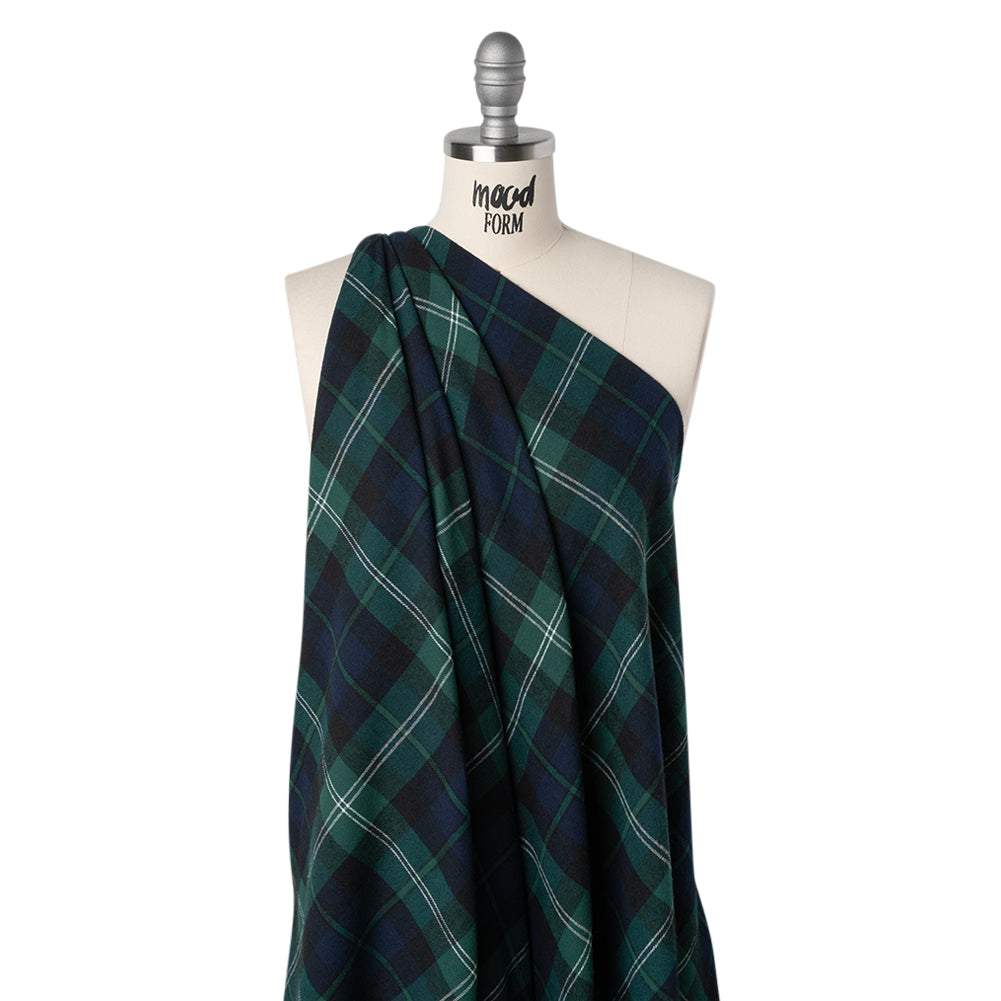 Yarn-Dyed Cotton Twill Flannel - Green, Black and Blue Black Watch Plaid - Drape