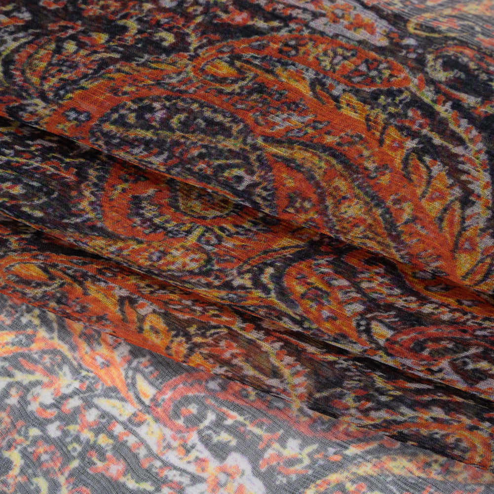 Crinkled Silk Chiffon Print - Black, Red and Yellow Traditional Paisley - Deadstock Folded