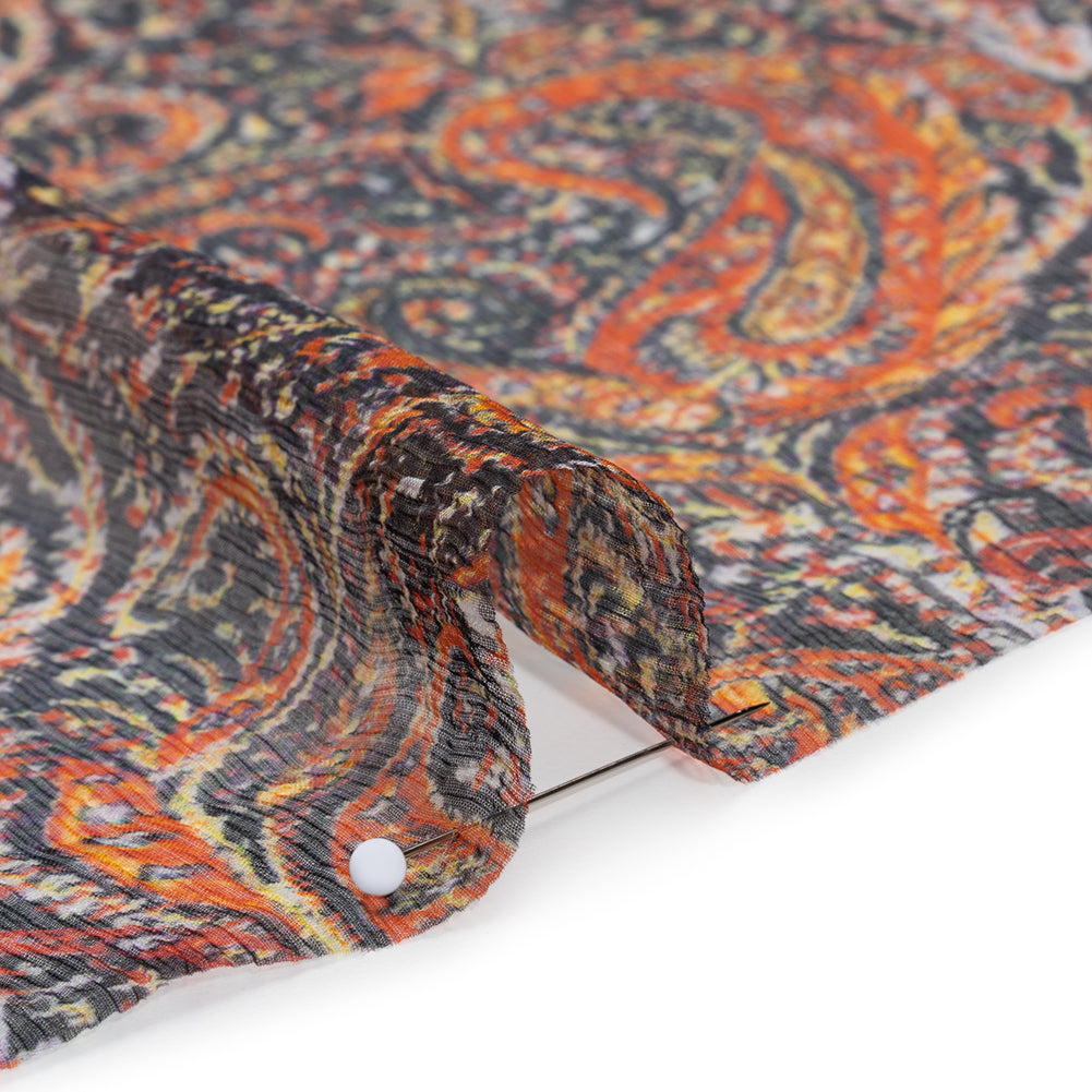 Crinkled Silk Chiffon Print - Black, Red and Yellow Traditional Paisley - Deadstock Detail