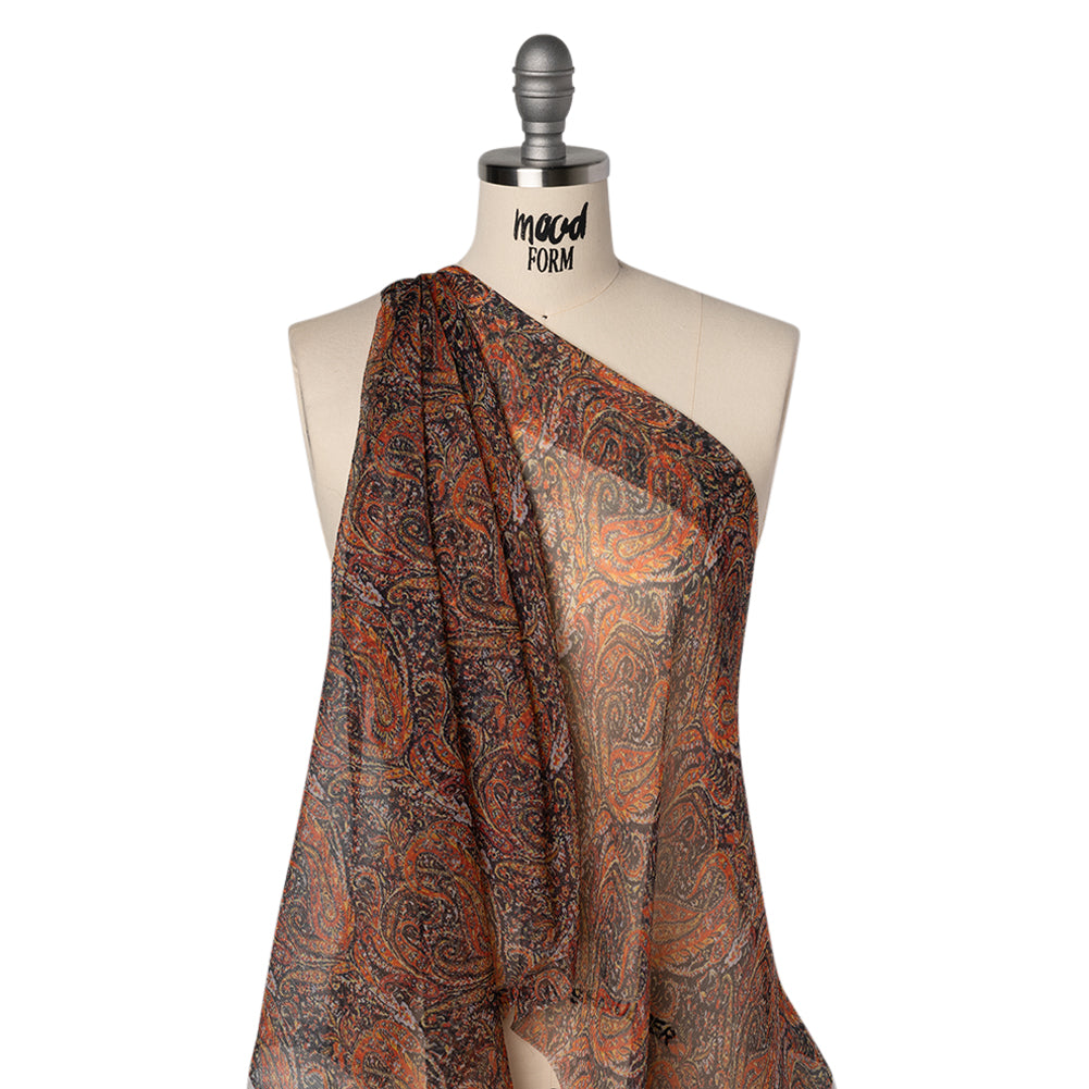 Crinkled Silk Chiffon Print - Black, Red and Yellow Traditional Paisley - Deadstock Drape