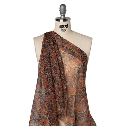 Crinkled Silk Chiffon Print - Black, Red and Yellow Traditional Paisley - Deadstock Drape