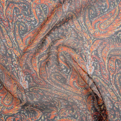 Crinkled Silk Chiffon Print - Black, Red and Yellow Traditional Paisley - Deadstock
