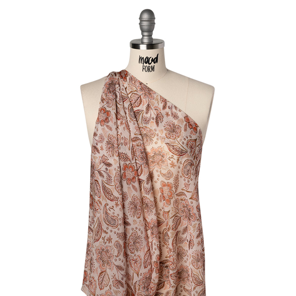 Silk Voile Print - Dusty Rose, Cream and Tan Paisleys and Flowers - Deadstock Drape