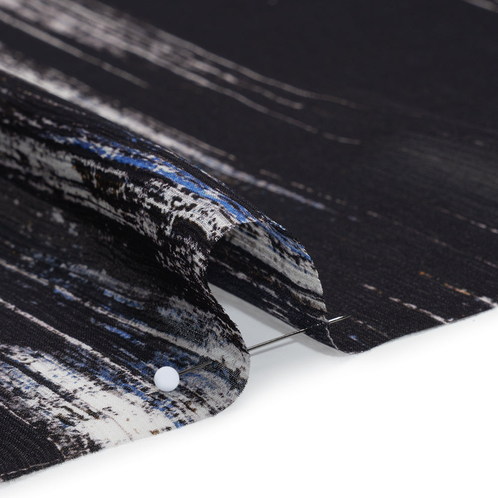 Crinkled Silk Chiffon Print - Black, Blue and White Brushy Plaid - Deadstock Detail
