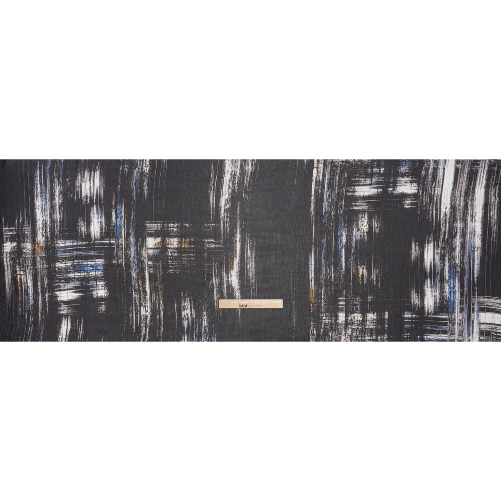 Crinkled Silk Chiffon Print - Black, Blue and White Brushy Plaid - Deadstock - Full