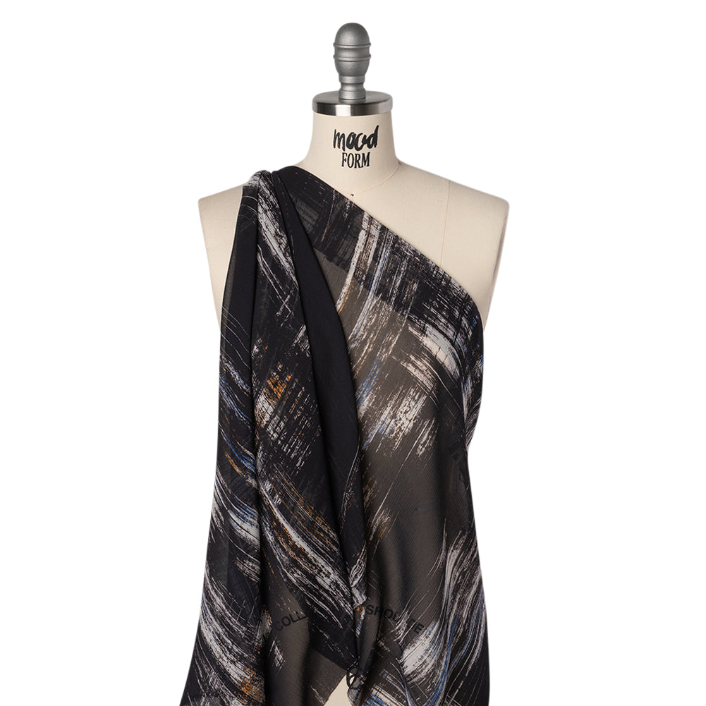 Crinkled Silk Chiffon Print - Black, Blue and White Brushy Plaid - Deadstock Drape