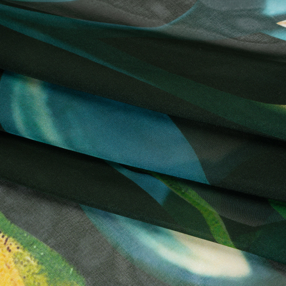 Silk Voile Print - Deep Sea Green, Blue and Yellow Broken Floral with Bees and Butterflies - Deadstock Folded