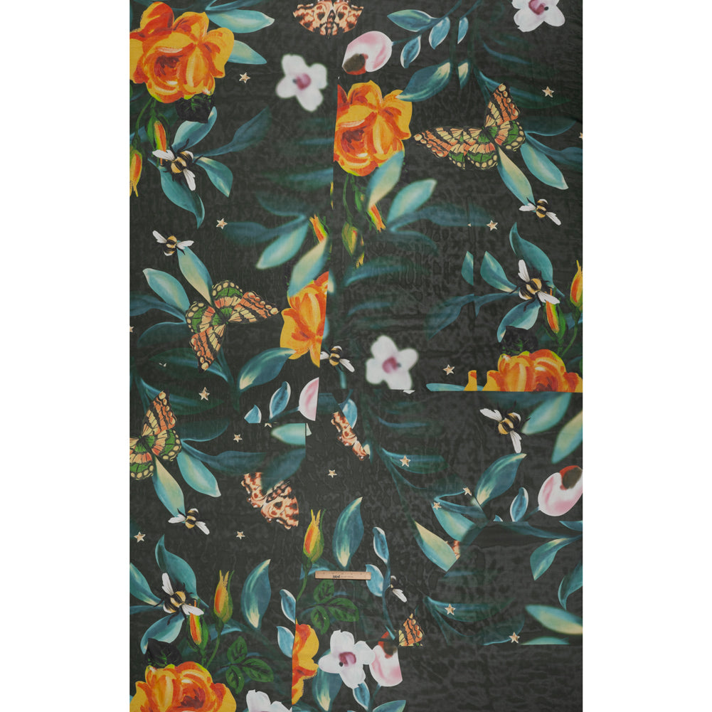 Silk Voile Print - Deep Sea Green, Blue and Yellow Broken Floral with Bees and Butterflies - Deadstock - Full