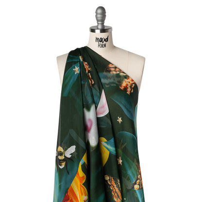 Silk Voile Print - Deep Sea Green, Blue and Yellow Broken Floral with Bees and Butterflies - Deadstock Drape