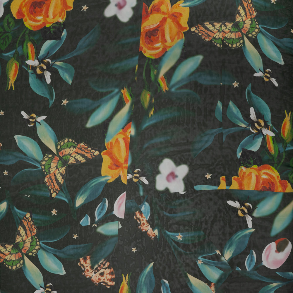 Silk Voile Print - Deep Sea Green, Blue and Yellow Broken Floral with Bees and Butterflies - Deadstock