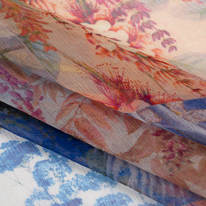 Crinkled Silk Chiffon Print - Red, Yellow and Blue Butterflies, Birds and Floral Patchwork - Deadstock Folded