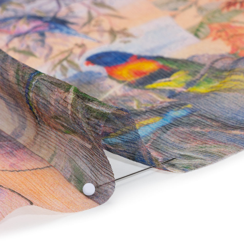 Crinkled Silk Chiffon Print - Red, Yellow and Blue Butterflies, Birds and Floral Patchwork - Deadstock Detail