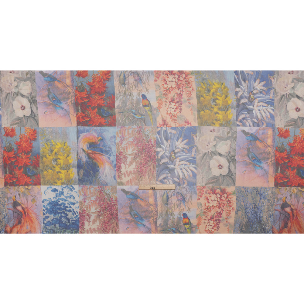 Crinkled Silk Chiffon Print - Red, Yellow and Blue Butterflies, Birds and Floral Patchwork - Deadstock - Full