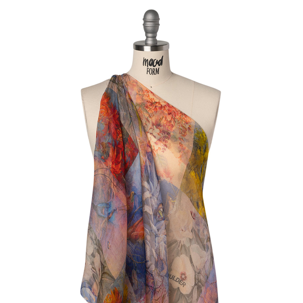 Crinkled Silk Chiffon Print - Red, Yellow and Blue Butterflies, Birds and Floral Patchwork - Deadstock Drape