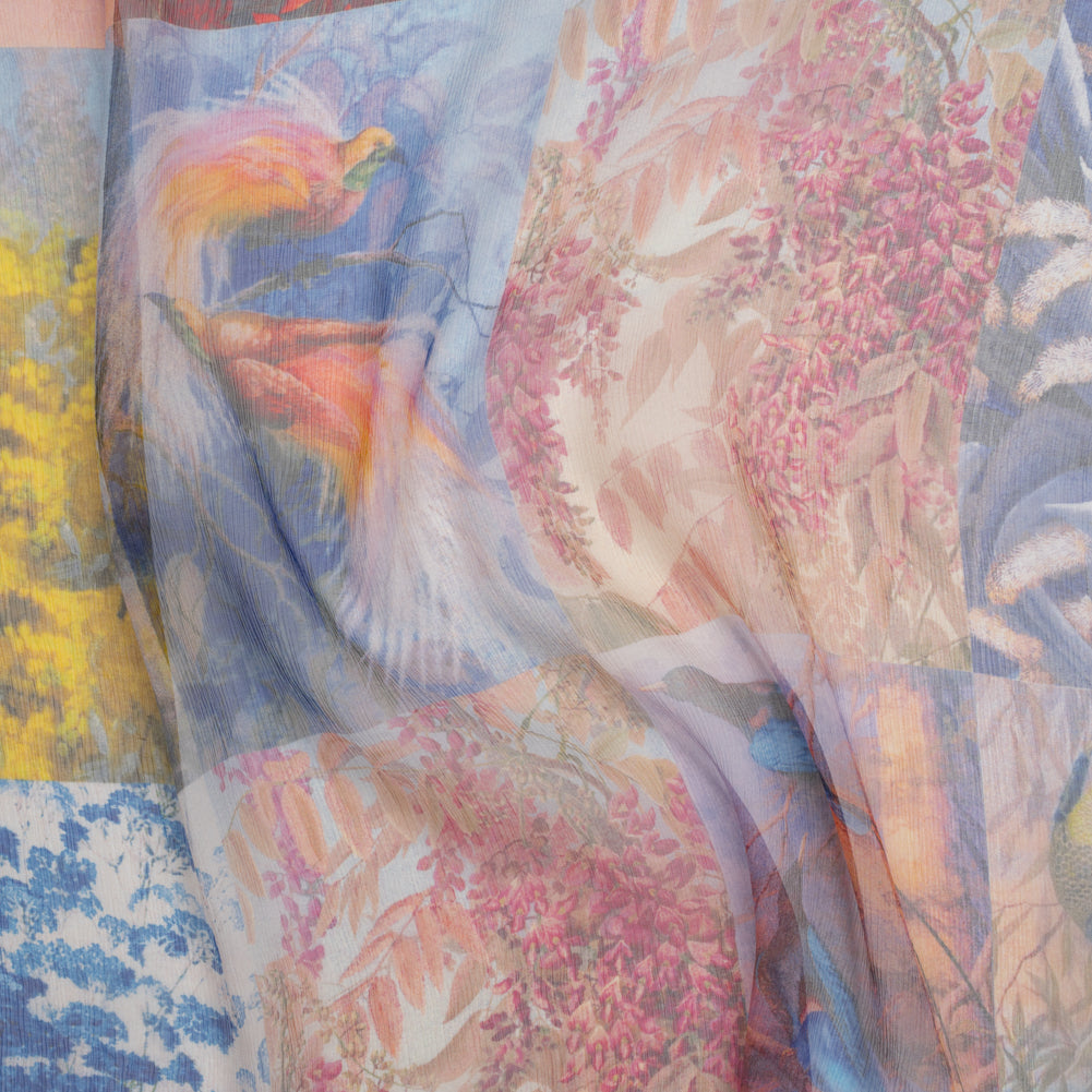Crinkled Silk Chiffon Print - Red, Yellow and Blue Butterflies, Birds and Floral Patchwork - Deadstock