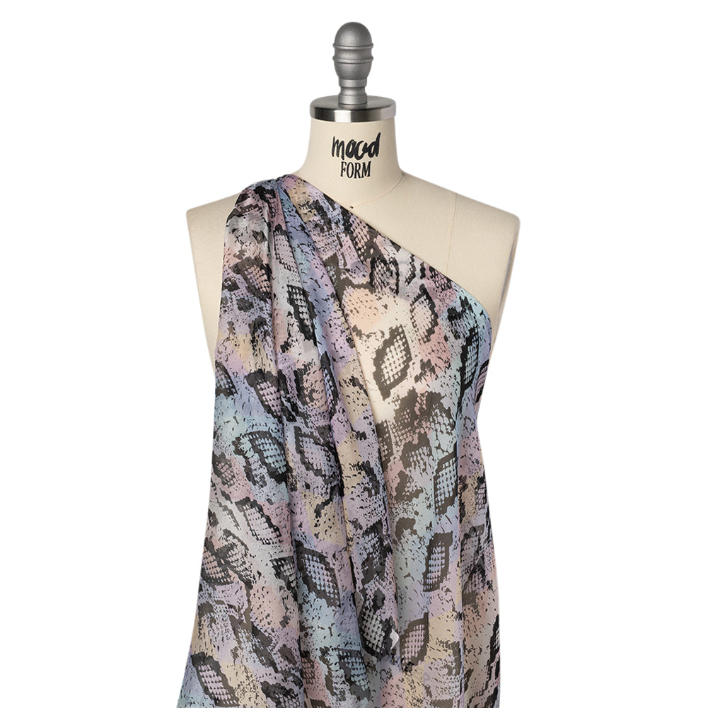 Silk Voile Print - Pastel Rainbow Diamonds and Black Snakeskin - Deadstock Drape