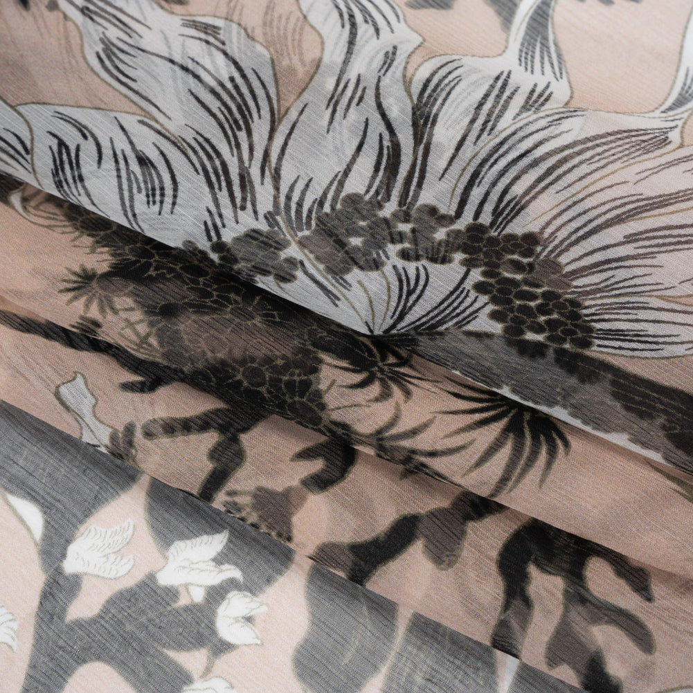 Crinkled Silk Chiffon Print - Pale Peach, Black and White Classic Tropical Floral - Deadstock Folded