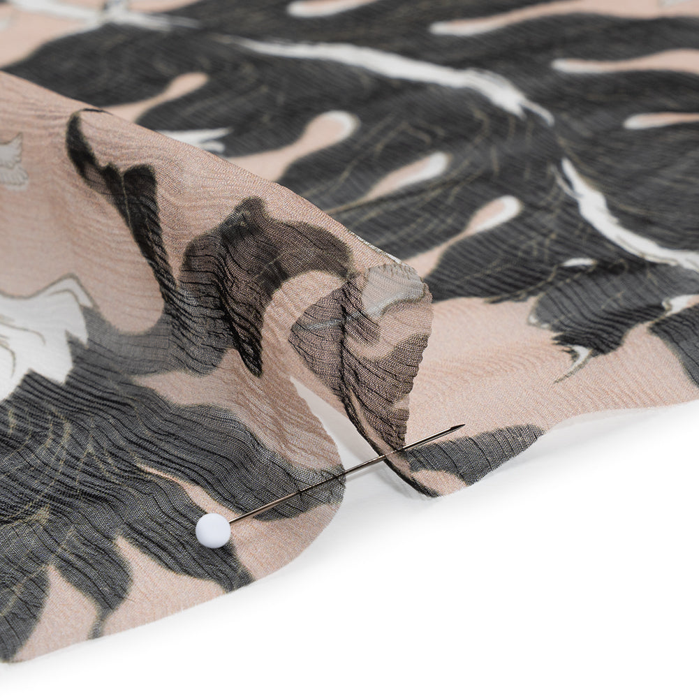 Crinkled Silk Chiffon Print - Pale Peach, Black and White Classic Tropical Floral - Deadstock Detail