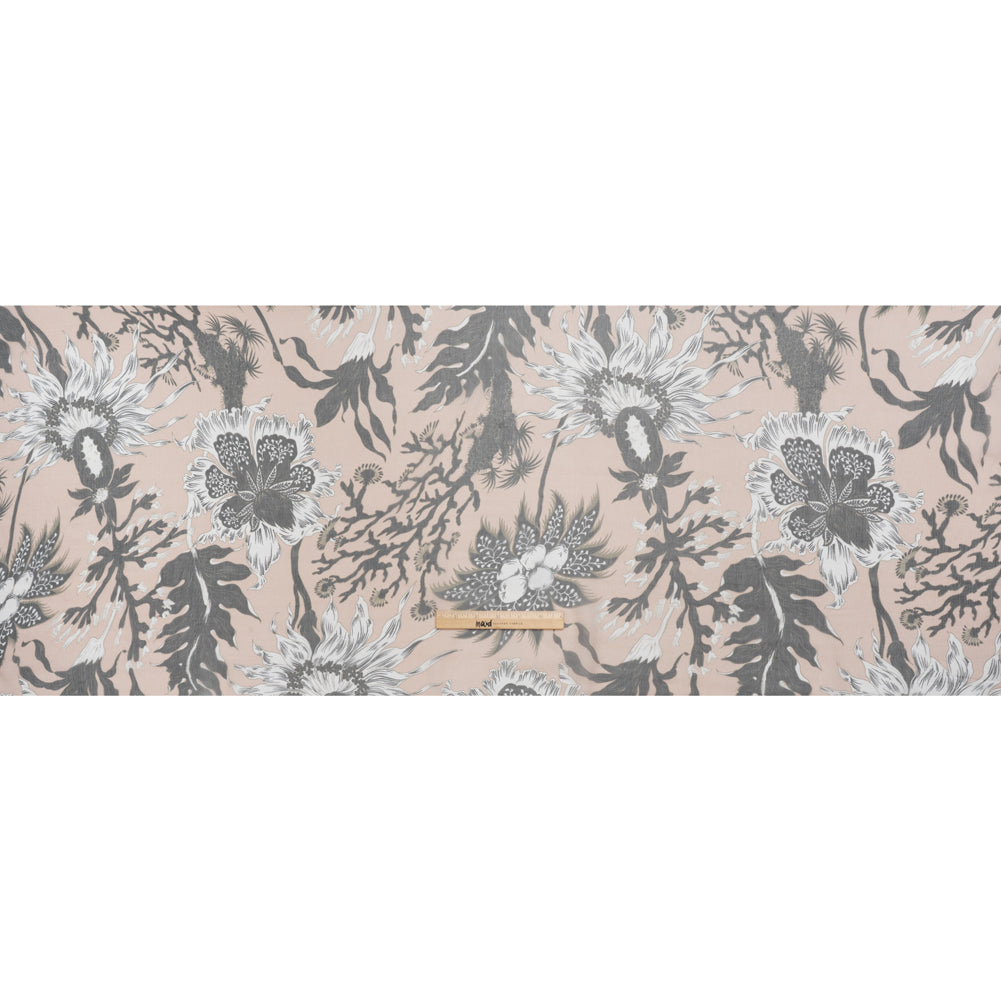 Crinkled Silk Chiffon Print - Pale Peach, Black and White Classic Tropical Floral - Deadstock - Full