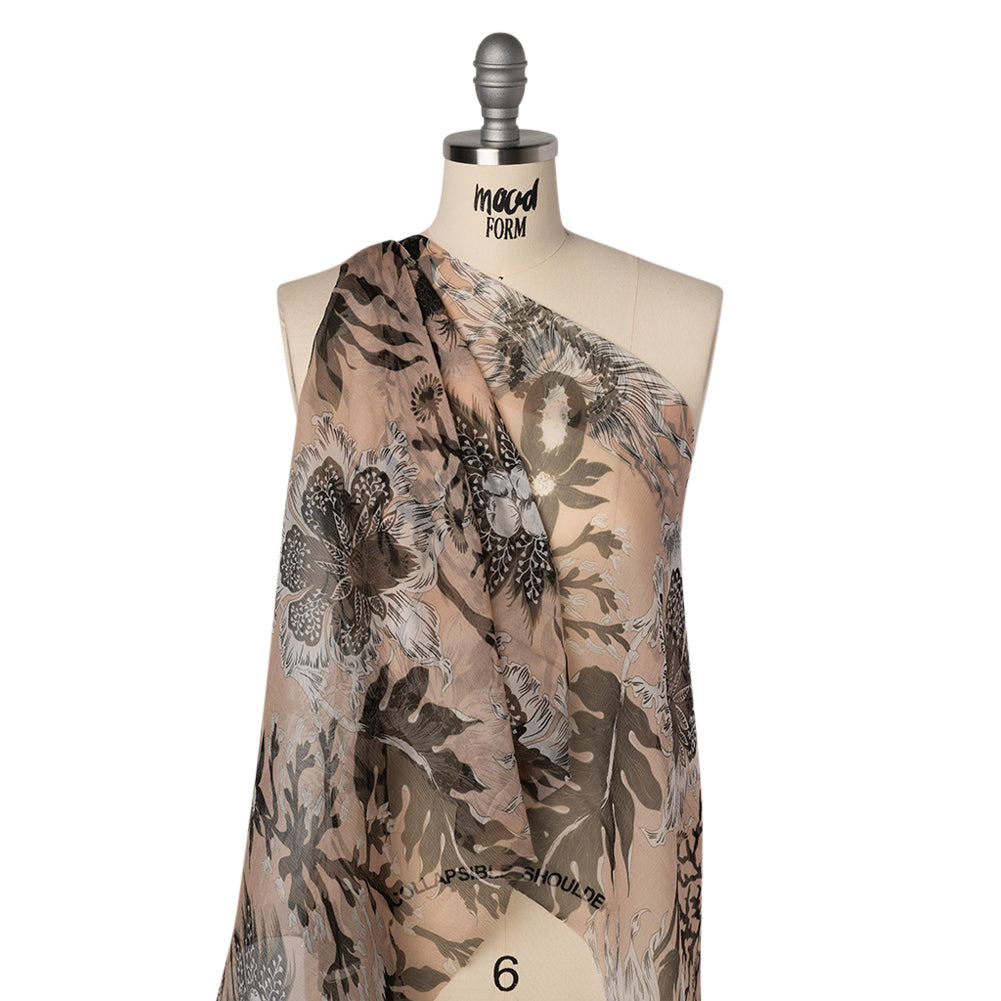 Crinkled Silk Chiffon Print - Pale Peach, Black and White Classic Tropical Floral - Deadstock Drape