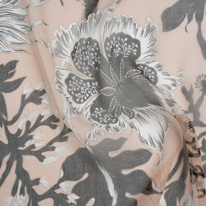 Crinkled Silk Chiffon Print - Pale Peach, Black and White Classic Tropical Floral - Deadstock