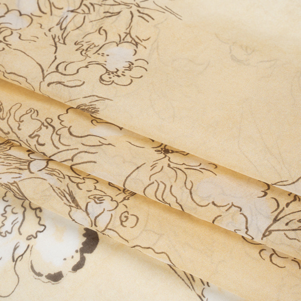 Silk Voile Print - Yellow-Beige, White and Charcoal Illustrated Flowers and Animals - Deadstock Folded