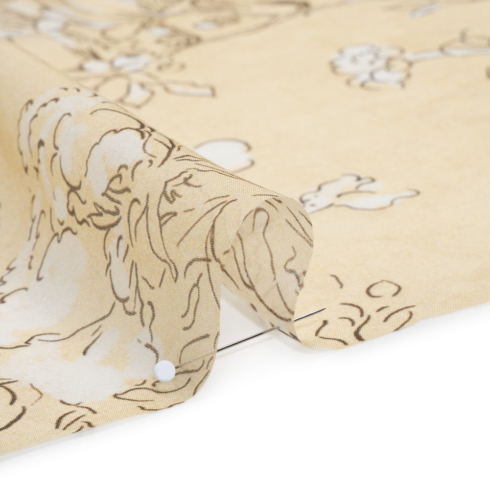 Silk Voile Print - Yellow-Beige, White and Charcoal Illustrated Flowers and Animals - Deadstock Detail