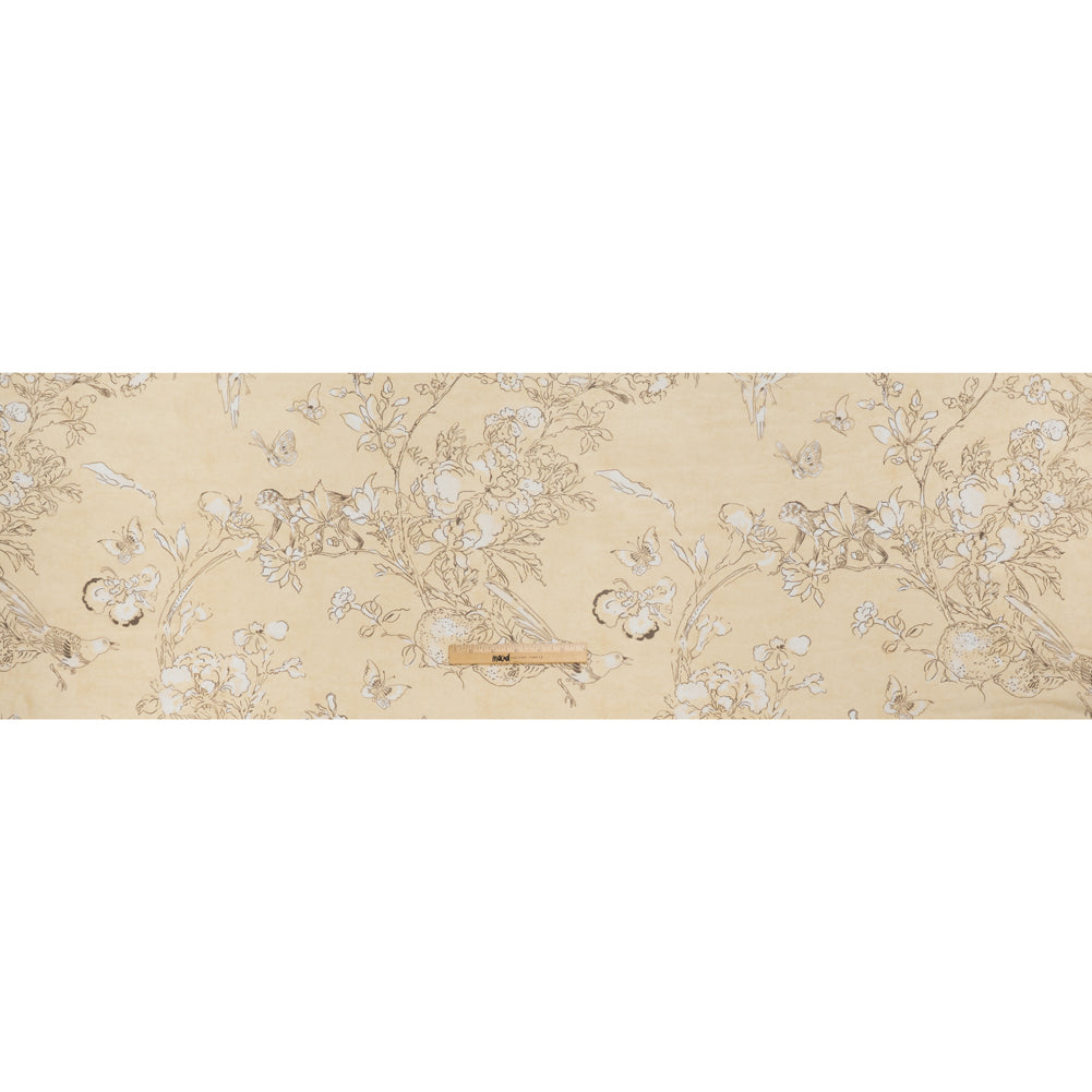 Silk Voile Print - Yellow-Beige, White and Charcoal Illustrated Flowers and Animals - Deadstock - Full