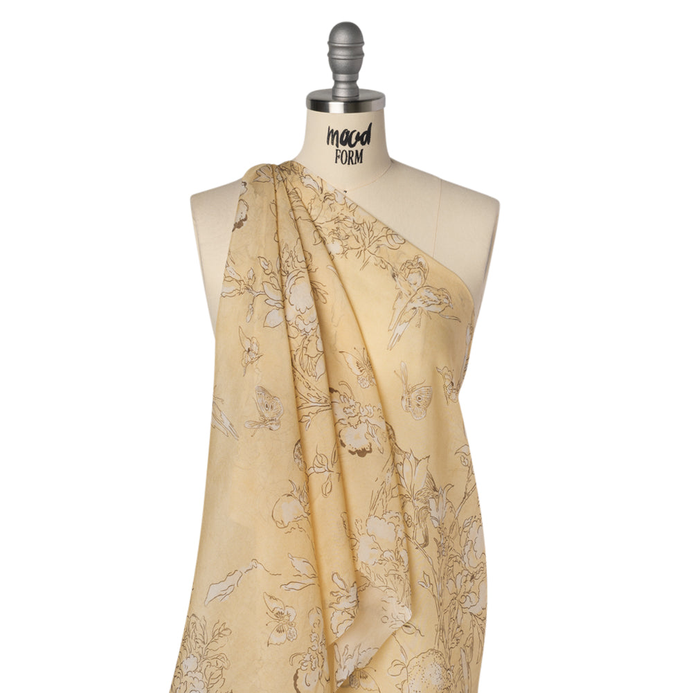Silk Voile Print - Yellow-Beige, White and Charcoal Illustrated Flowers and Animals - Deadstock Drape