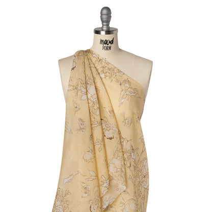 Silk Voile Print - Yellow-Beige, White and Charcoal Illustrated Flowers and Animals - Deadstock Drape